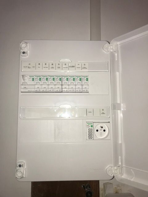 Finition d'un tableau électrique Tableau électrique blanc avec rangée de disjoncteurs et prise modulaire intégrée.